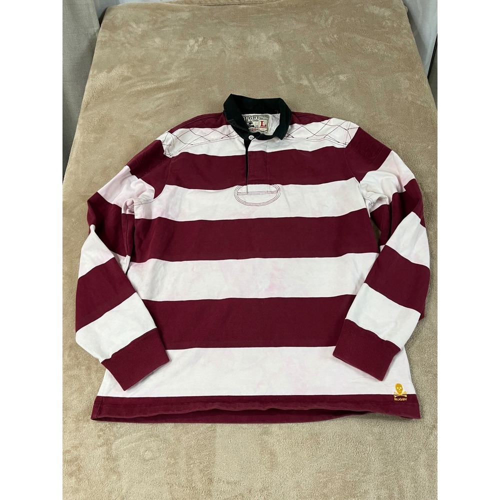Ralph Lauren Polo Shirt Rugby Mens L Red/White Striped 100% Cotton L/S Stains
